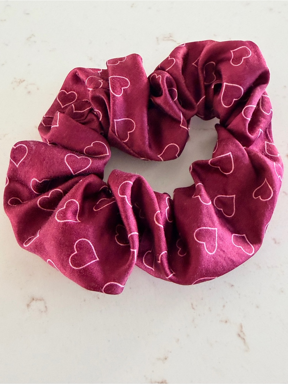 Heart-Print Maroon Scrunchie